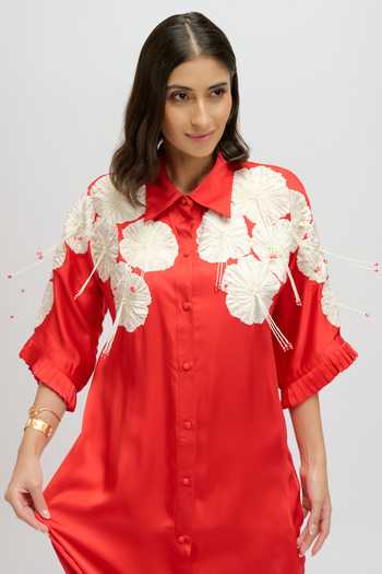 Buy_JAYN India_Red Satin Collared Neck Floral Yoke Embroidered Dress _Online_at_Aza_Fashions