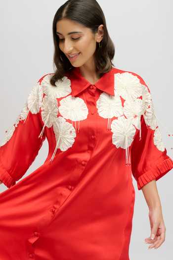 Shop_JAYN India_Red Satin Collared Neck Floral Yoke Embroidered Dress _Online_at_Aza_Fashions