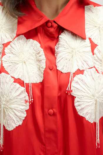 JAYN India_Red Satin Collared Neck Floral Yoke Embroidered Dress _at_Aza_Fashions