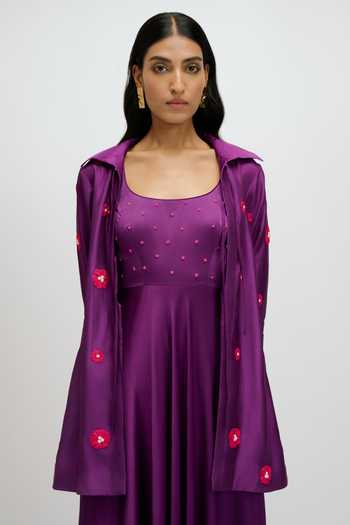 JAYN India Purple Silk, Satin Collared Neck, Square Pearl Embellished Dress With Jacket at Aza Fashions JAYN India_Purple Silk, Satin Collared Neck, Square Pearl Embellished Dress With Jacket _at_Aza_Fashions