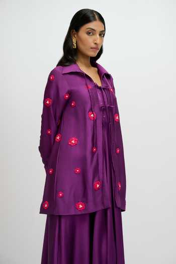 Buy JAYN India Purple Silk, Satin Collared Neck, Square Pearl Embellished Dress With Jacket Buy_JAYN India_Purple Silk, Satin Collared Neck, Square Pearl Embellished Dress With Jacket