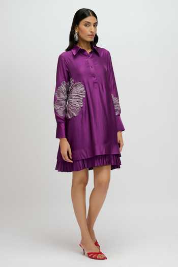 JAYN India_Purple Silk Collared Neck Hand Appliqued Floral Dress _Online_at_Aza_Fashions