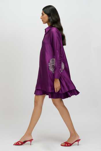 Buy_JAYN India_Purple Silk Collared Neck Hand Appliqued Floral Dress _Online_at_Aza_Fashions