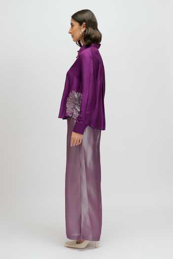 JAYN India Purple Silk, Tissue Collared Neck Embroidered Shirt And Pant Set at Aza Fashions JAYN India_Purple Silk, Tissue Collared Neck Embroidered Shirt And Pant Set _at_Aza_Fashions