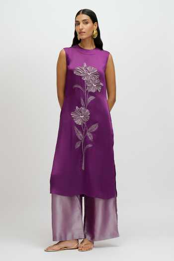 JAYN India Purple Satin, Tissue High Neck Embroidered Kurta And Pant Set Online at Aza Fashions JAYN India_Purple Satin, Tissue High Neck Embroidered Kurta And Pant Set _Online_at_Aza_Fashions