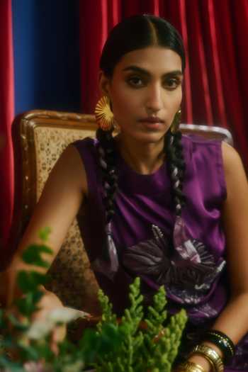 JAYN India Purple Satin, Tissue High Neck Embroidered Kurta And Pant Set at Aza Fashions JAYN India_Purple Satin, Tissue High Neck Embroidered Kurta And Pant Set _at_Aza_Fashions