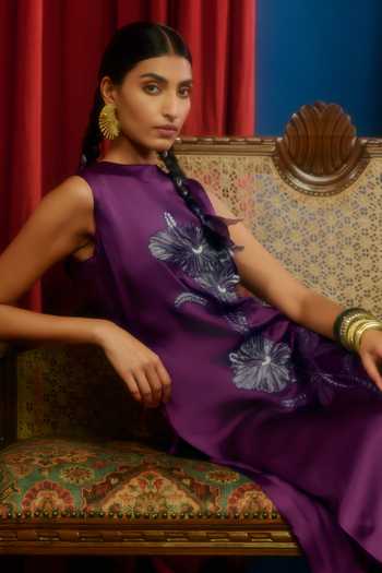 Buy JAYN India Purple Satin, Tissue High Neck Embroidered Kurta And Pant Set Buy_JAYN India_Purple Satin, Tissue High Neck Embroidered Kurta And Pant Set