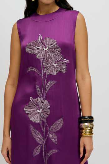 Shop JAYN India Purple Satin, Tissue High Neck Embroidered Kurta And Pant Set Shop_JAYN India_Purple Satin, Tissue High Neck Embroidered Kurta And Pant Set