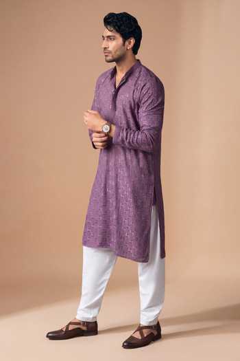Buy_Arihant Rai Sinha_Purple Rayon, Silk Embroidery Geometric Thread Kurta And Salwar Set _Online_at_Aza_Fashions