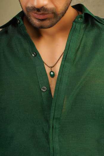 The Culture_Green Silk Sleeve Hand Block Print Shirt _Online_at_Aza_Fashions