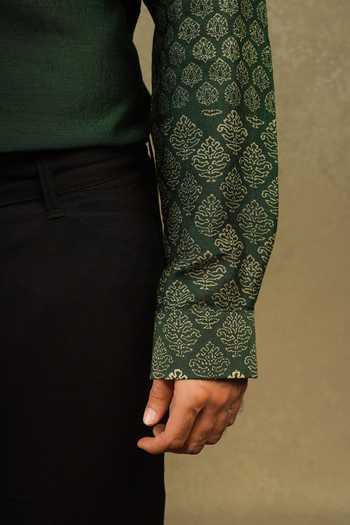 Shop_The Culture_Green Silk Sleeve Hand Block Print Shirt _Online_at_Aza_Fashions