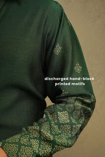 The Culture_Green Silk Sleeve Hand Block Print Shirt _at_Aza_Fashions