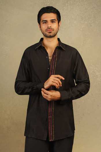 The Culture Black Silk Soorma Bandhej Shirt Online at Aza Fashions The Culture_Black Silk Soorma Bandhej Shirt _Online_at_Aza_Fashions