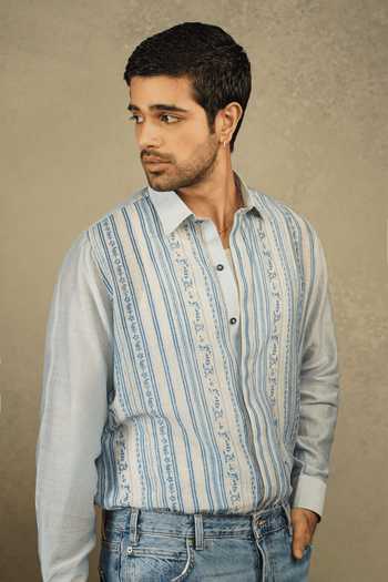 Buy The Culture Blue Silk Tarang Hand Block Print Shirt Online at Aza Fashions Buy_The Culture_Blue Silk Tarang Hand Block Print Shirt _Online_at_Aza_Fashions