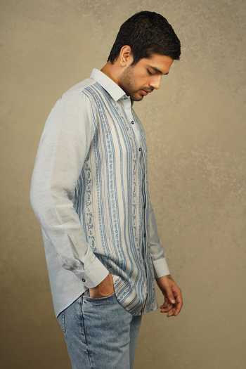 Shop The Culture Blue Silk Tarang Hand Block Print Shirt Online at Aza Fashions Shop_The Culture_Blue Silk Tarang Hand Block Print Shirt _Online_at_Aza_Fashions