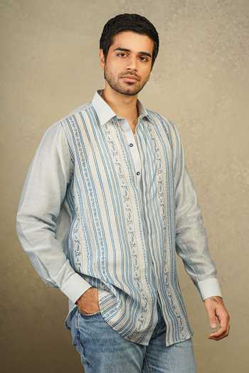 Buy The Culture Blue Silk Tarang Hand Block Print Shirt Buy_The Culture_Blue Silk Tarang Hand Block Print Shirt