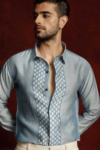 Buy The Culture Sky Blue Silk Amber Placement Print Shirt Online at Aza Fashions Buy_The Culture_Sky Blue Silk Amber Placement Print Shirt _Online_at_Aza_Fashions