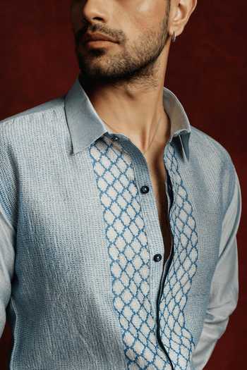 The Culture Sky Blue Silk Amber Placement Print Shirt at Aza Fashions The Culture_Sky Blue Silk Amber Placement Print Shirt _at_Aza_Fashions