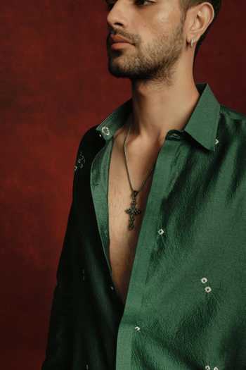 The Culture_Green Silk Panna Bandhej Shirt _Online_at_Aza_Fashions