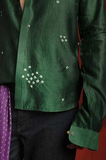 Shop_The Culture_Green Silk Panna Bandhej Shirt _Online_at_Aza_Fashions