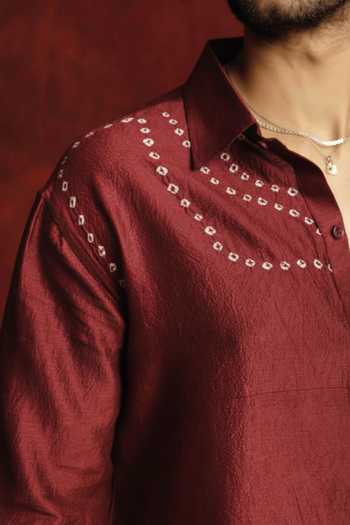 The Culture_Red Silk Sindoori Bandhej Shirt _Online_at_Aza_Fashions