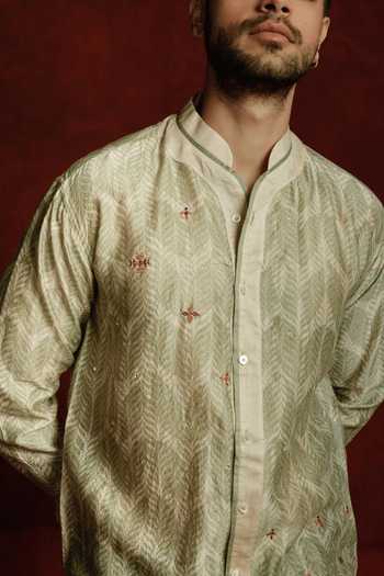 The Culture Green Silk Chaand Noorani Shirt Online at Aza Fashions The Culture_Green Silk Chaand Noorani Shirt _Online_at_Aza_Fashions