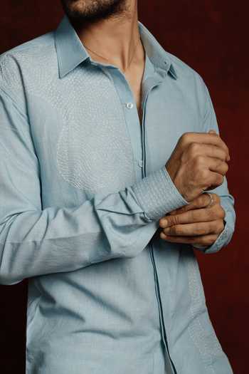 The Culture Blue Cotton, Linen Skyline Siesta Shirt Online at Aza Fashions The Culture_Blue Cotton, Linen Skyline Siesta Shirt _Online_at_Aza_Fashions