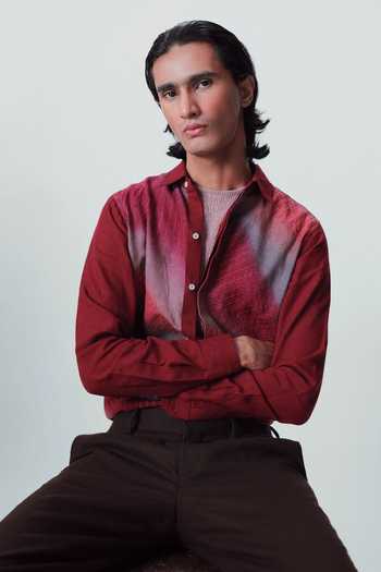 The Culture Maroon Cotton, Linen The Tinted Stroke Shirt at Aza Fashions The Culture_Maroon Cotton, Linen The Tinted Stroke Shirt _at_Aza_Fashions