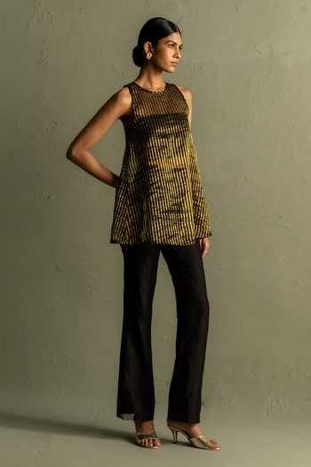 Charkhee_Black Tissue, Chanderi Round , Bandeau Stripe Woven Kurta And Pant Set _Online_at_Aza_Fashions