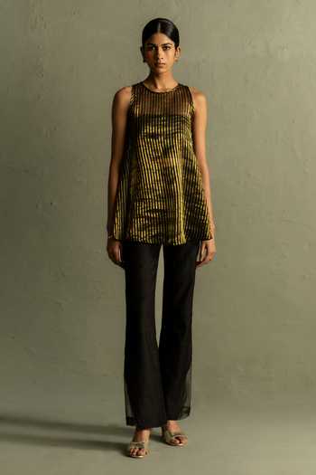 Buy_Charkhee_Black Tissue, Chanderi Round , Bandeau Stripe Woven Kurta And Pant Set _Online_at_Aza_Fashions