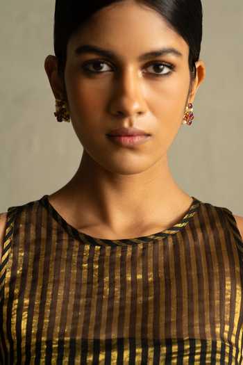 Shop_Charkhee_Black Tissue, Chanderi Round , Bandeau Stripe Woven Kurta And Pant Set _Online_at_Aza_Fashions