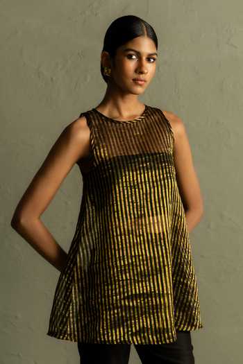 Charkhee_Black Tissue, Chanderi Round , Bandeau Stripe Woven Kurta And Pant Set _at_Aza_Fashions