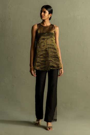 Buy_Charkhee_Black Tissue, Chanderi Round , Bandeau Stripe Woven Kurta And Pant Set 