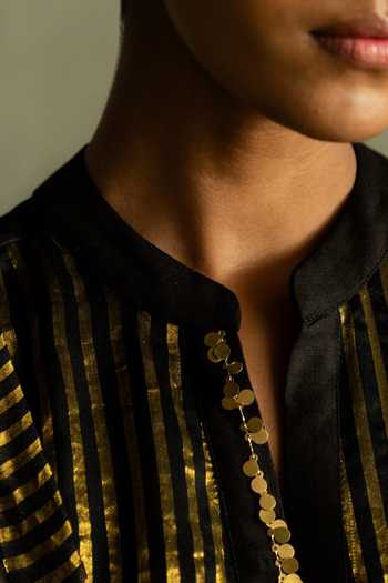 Shop_Charkhee_Black Chanderi, Tissue, Cotton, Organza Mandarin Collar Stripe Pattern Kurta Set _Online_at_Aza_Fashions