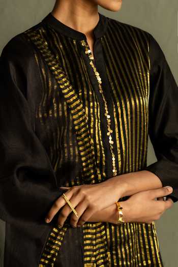 Charkhee_Black Chanderi, Tissue, Cotton, Organza Mandarin Collar Stripe Pattern Kurta Set _at_Aza_Fashions