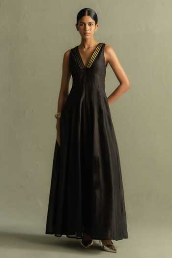 Shop_Charkhee_Black Chanderi, Tissue V-neck Collared Maxi Dress _Online_at_Aza_Fashions