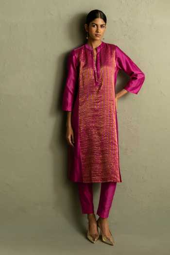 Charkhee_Pink Chanderi, Tissue, Cotton, Organza Mandarin Collar Striped Woven Kurta Set _Online_at_Aza_Fashions