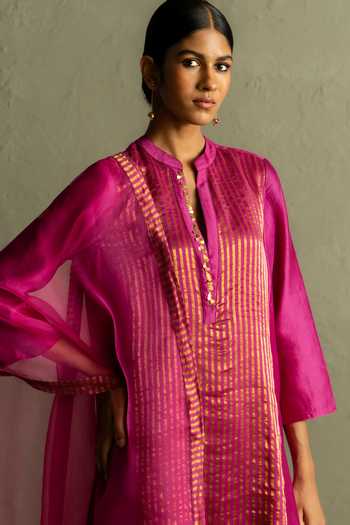 Shop_Charkhee_Pink Chanderi, Tissue, Cotton, Organza Mandarin Collar Striped Woven Kurta Set _Online_at_Aza_Fashions