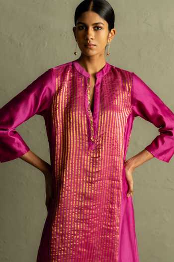 Charkhee_Pink Chanderi, Tissue, Cotton, Organza Mandarin Collar Striped Woven Kurta Set _at_Aza_Fashions