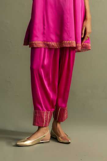 Charkhee_Pink Satin, Modal, Tissue, Organza Split V-neck Patchwork Kurta Set _Online_at_Aza_Fashions