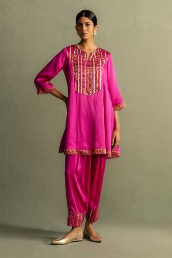 Charkhee_Pink Satin, Modal, Tissue, Organza Split V-neck Patchwork Kurta Set _at_Aza_Fashions
