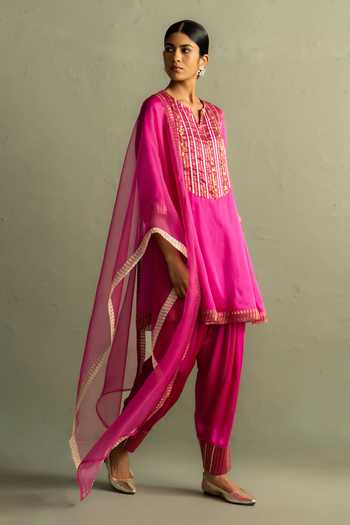 Buy_Charkhee_Pink Satin, Modal, Tissue, Organza Split V-neck Patchwork Kurta Set 