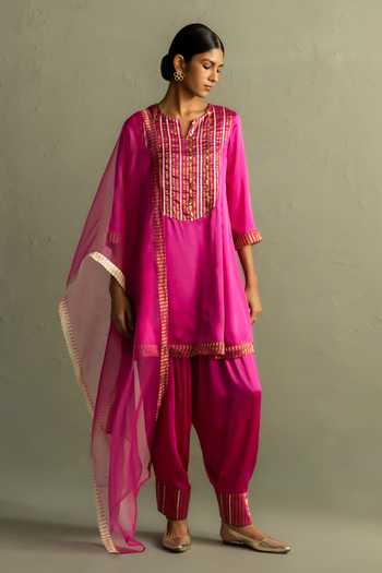 Shop_Charkhee_Pink Satin, Modal, Tissue, Organza Split V-neck Patchwork Kurta Set 