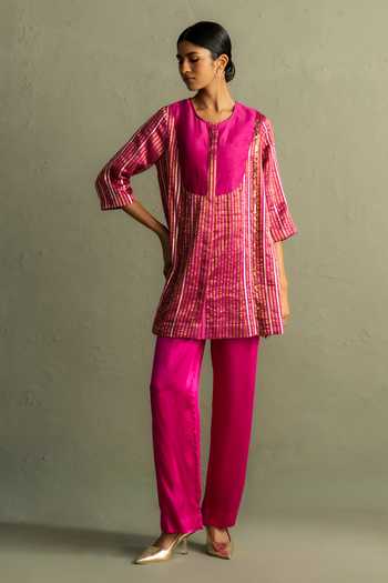 Shop_Charkhee_Pink Chanderi, Tissue, Satin, Modal, Organza Round Neck, Stripe Woven Kurta Set _Online_at_Aza_Fashions