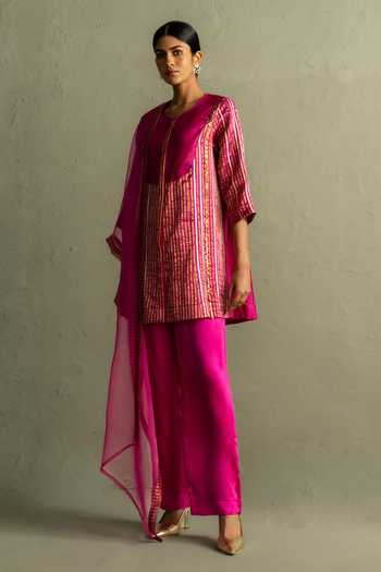 Charkhee_Pink Chanderi, Tissue, Satin, Modal, Organza Round Neck, Stripe Woven Kurta Set _at_Aza_Fashions
