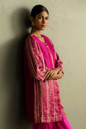 Shop_Charkhee_Pink Chanderi, Tissue, Satin, Modal, Organza Round Neck, Stripe Woven Kurta Set 