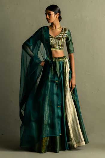 Charkhee_Green Chanderi, Tissue V-neck Stripe Woven Lehenga Set _Online_at_Aza_Fashions
