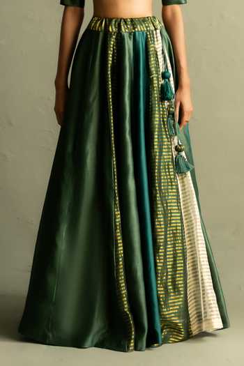 Shop_Charkhee_Green Chanderi, Tissue V-neck Stripe Woven Lehenga Set _Online_at_Aza_Fashions