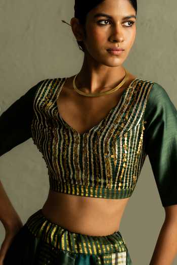 Buy_Charkhee_Green Chanderi, Tissue V-neck Stripe Woven Lehenga Set 