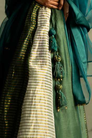 Shop_Charkhee_Green Chanderi, Tissue V-neck Stripe Woven Lehenga Set 